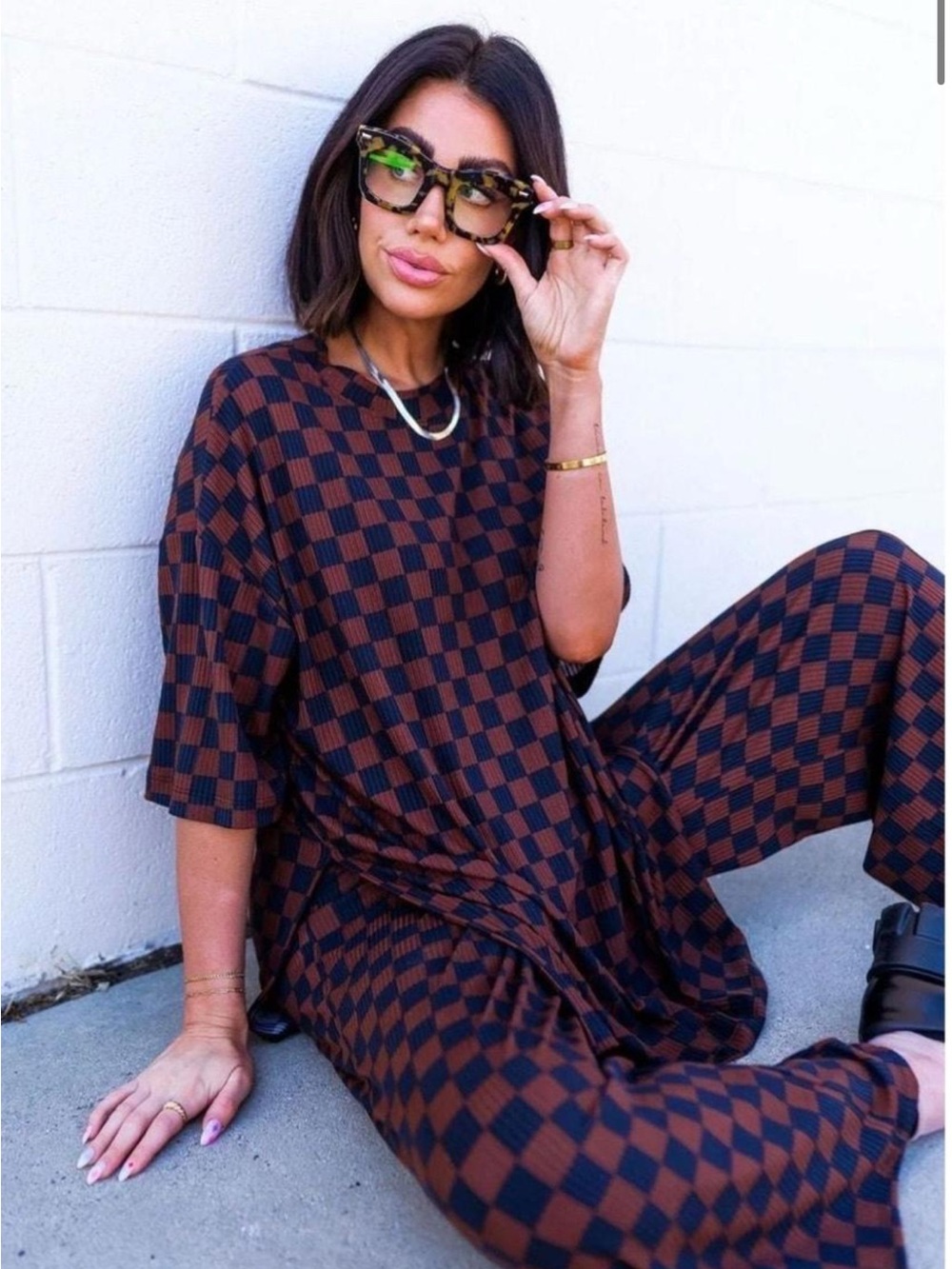 Dressed in Lala Lex Playsuit mocha black checkered set XL